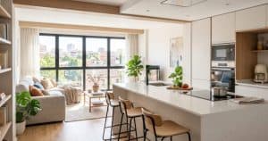 Reformar cocina en Burgos: cocina-comedor moderna con isla central y luz natural