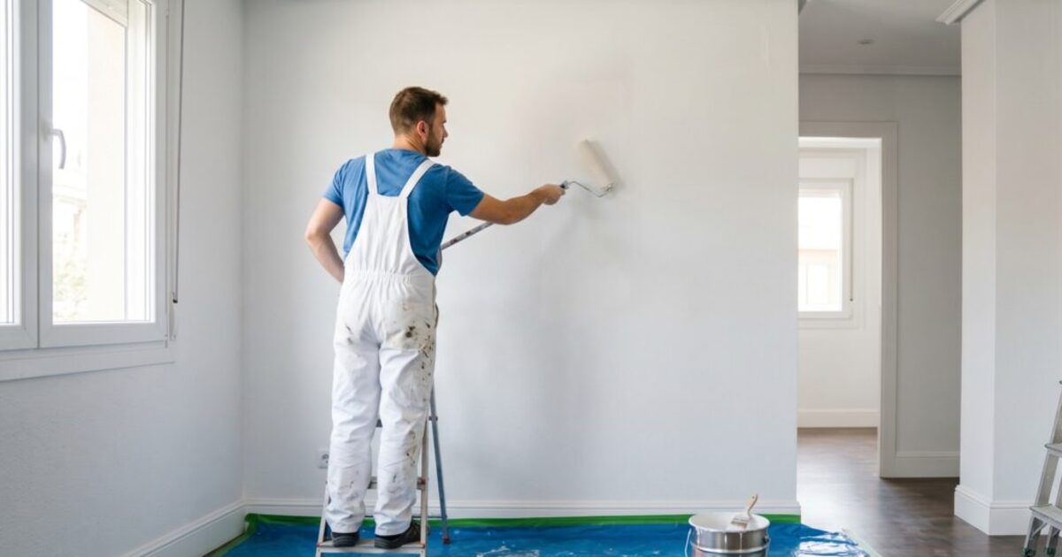Cuanto cuesta pintar un piso en Burgos: pintor profesional aplicando rodillo en pared blanca