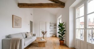 Reforma de pisos antiguos en Burgos: salon clasico restaurado con suelo de madera y viga vista