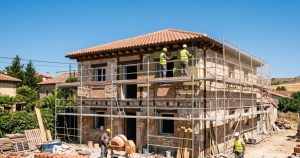 Reformar en verano en Burgos: obra exterior de vivienda con andamios y cielo despejado