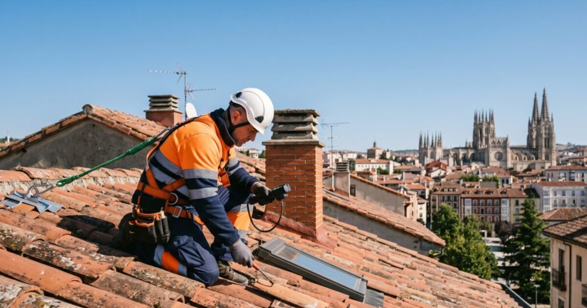 Cada cuanto revisar un tejado: tecnico inspeccionando tejas ceramicas con arnes